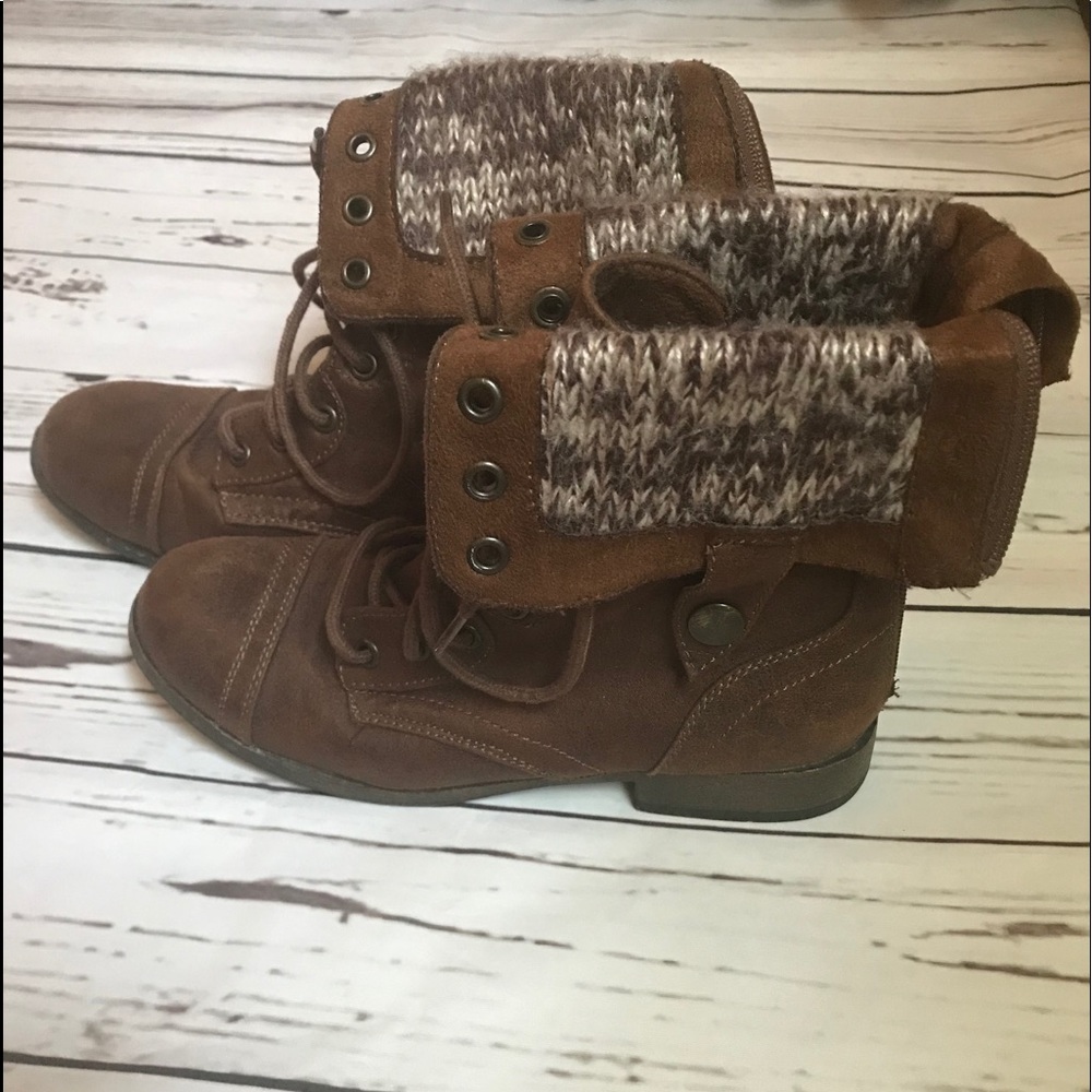 Brown knit combat boots